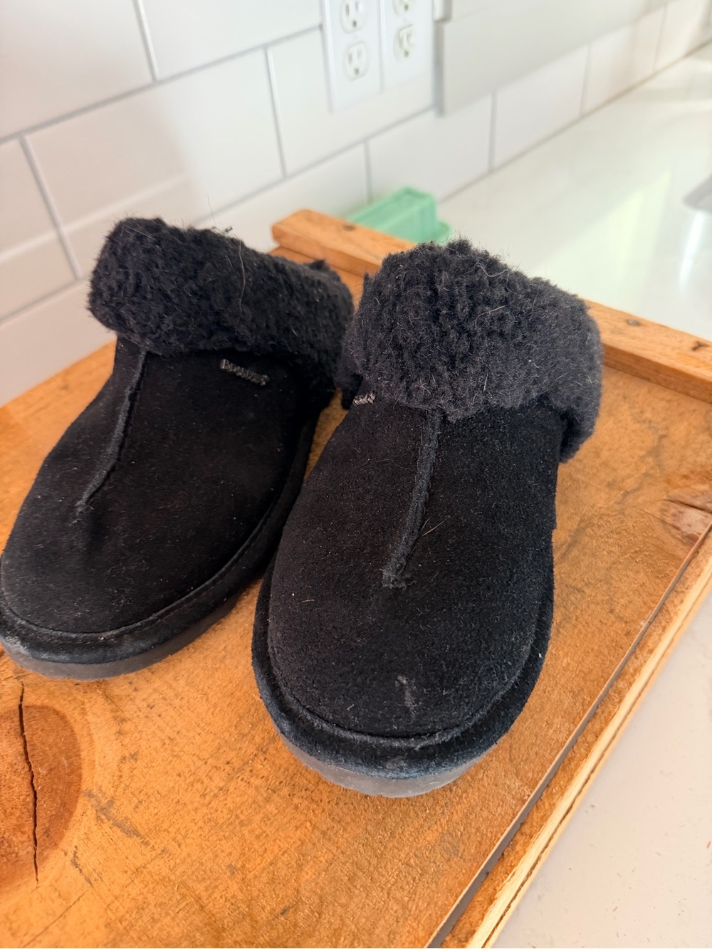 BearPaw Women’s Black Suede Fleece-Cuff Slip-Ons